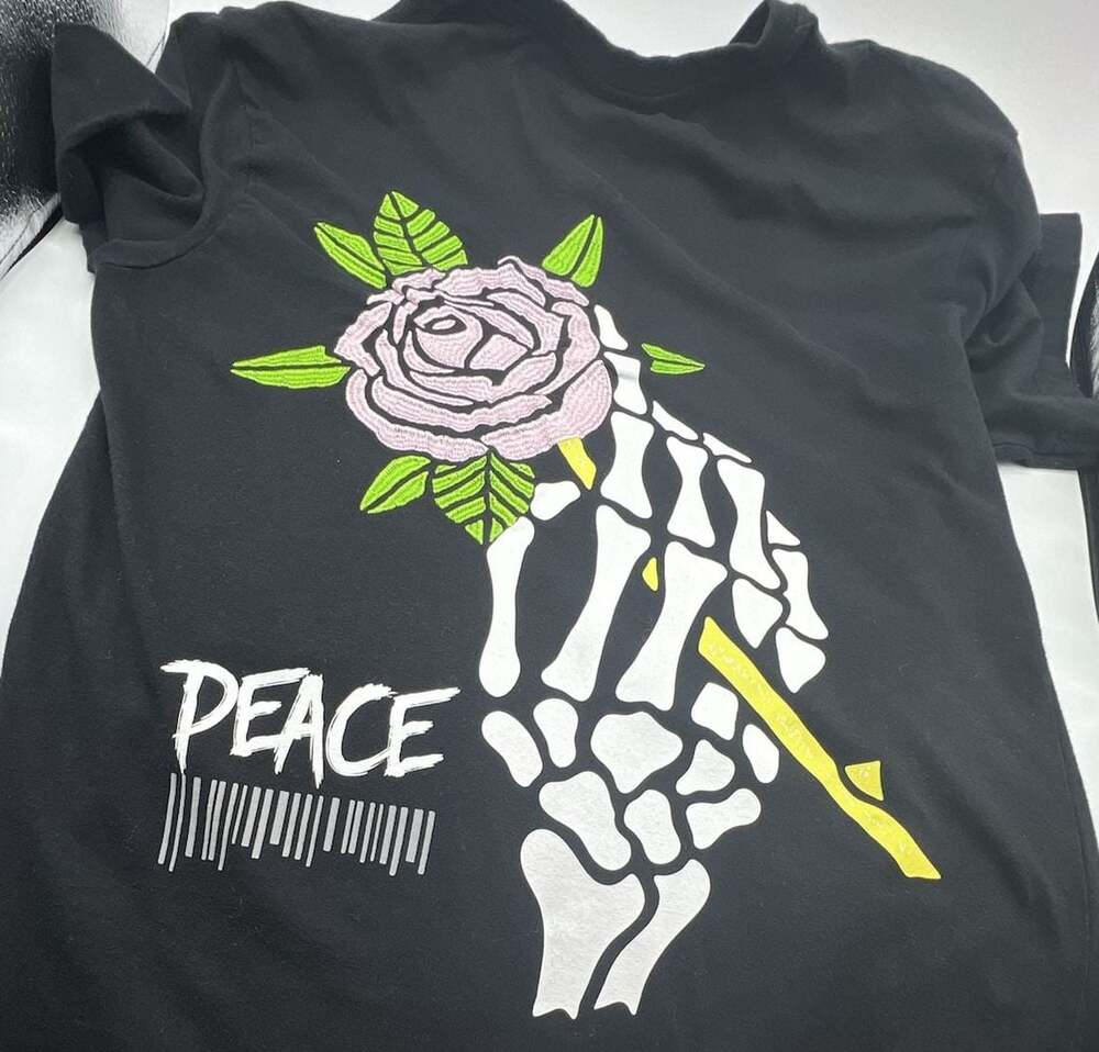 Members Only Skeleton Hand And Rose Graphic Peace T-Shirt Black